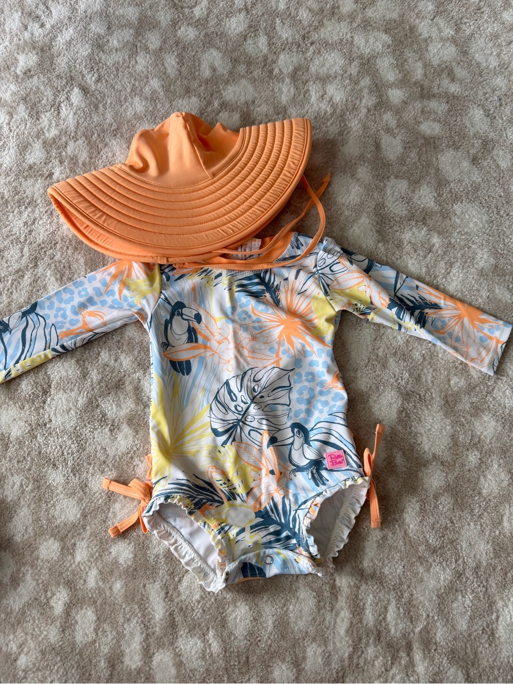 Ruffle Butts Orange Trim Tropical Print Long Sleeve Rashguard Swimsuit